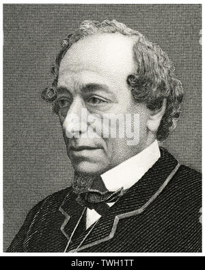 Benjamin Disraeli (1804-1881), britischer Politiker und Premierminister des Vereinigten Königreichs 1868-68, 1874-80, Kopf und Schultern Portrait, Stahlstich, Porträtgalerie bedeutender Männer und Frauen in Europa und Amerika durch Evert A. Duyckinck, von Henry J. Johnson, Johnson, Wilson & Company, New York, 1873 veröffentlicht. Stockfoto