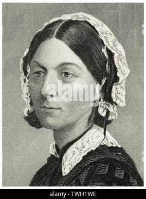 Florence Nightingale (1820-1910), englischer Krankenschwester, Begründer der modernen Krankenpflege, Kopf und Schultern Portrait, Stahlstich, Porträtgalerie bedeutender Männer und Frauen in Europa und Amerika durch Evert A. Duyckinck, von Henry J. Johnson, Johnson, Wilson & Company, New York, 1873 veröffentlicht. Stockfoto