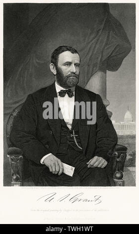 Ulysses S. Grant (1822-85), Kommandeur der Union Armeen während des Amerikanischen Bürgerkriegs und der 18. Präsident der Vereinigten Staaten, sitzt, Porträt, Stahlstich, Porträtgalerie bedeutender Männer und Frauen in Europa und Amerika durch Evert A. Duyckinck, von Henry J. Johnson, Johnson, Wilson & Company, New York, 1873 veröffentlicht. Stockfoto