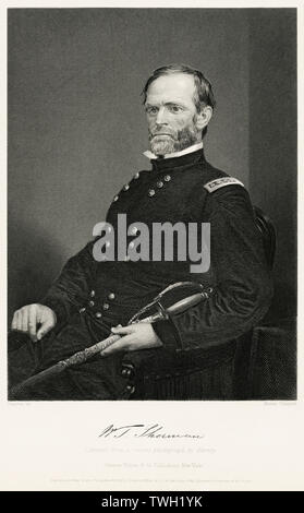 William Tecumseh Sherman (1820-1891), Union Allgemeine während des Amerikanischen Bürgerkrieges, sitzt, Porträt, Stahlstich, Porträtgalerie bedeutender Männer und Frauen in Europa und Amerika durch Evert A. Duyckinck, von Henry J. Johnson, Johnson, Wilson & Company, New York, 1873 veröffentlicht. Stockfoto