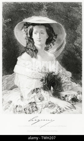 Eugénie de Montijo (1826-1920), letzte Kaiserin von Frankreich als Ehefrau von Napoleon III, sitzt, Porträt, Stahlstich, Porträtgalerie bedeutender Männer und Frauen in Europa und Amerika durch Evert A. Duyckinck, von Henry J. Johnson, Johnson, Wilson & Company, New York, 1873 veröffentlicht. Stockfoto