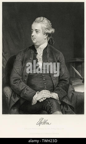 Edward Gibbon (1737-94), englischer Historiker, Autor und Mitglied des Europäischen Parlaments, sitzt, Porträt, Stahlstich, Porträtgalerie bedeutender Männer und Frauen in Europa und Amerika durch Evert A. Duyckinck, von Henry J. Johnson, Johnson, Wilson & Company, New York, 1873 veröffentlicht. Stockfoto