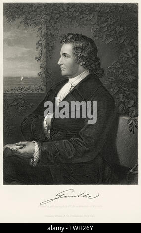 Johann Wolfgang von Goethe (1749-1832), deutscher Schriftsteller und Staatsmann, sitzt, Porträt, Stahlstich, Porträtgalerie bedeutender Männer und Frauen in Europa und Amerika durch Evert A. Duyckinck, von Henry J. Johnson, Johnson, Wilson & Company, New York, 1873 veröffentlicht. Stockfoto