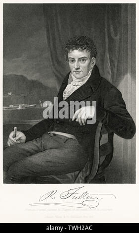 Robert Fulton (1765-1815), britisch-amerikanische Ingenieur und Erfinder, ist stark mit der Entwicklung der Steamboat, sitzt, Porträt, Stahlstich, Porträtgalerie bedeutender Männer und Frauen in Europa und Amerika durch Evert A. Duyckinck, von Henry J. Johnson, Johnson, Wilson & Company, New York, 1873 veröffentlicht gutgeschrieben Stockfoto