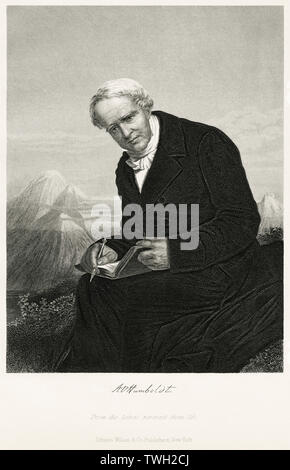 Alexander von Humboldt (1769-1859), deutscher Naturforscher und Entdecker und wichtige Figur in der klassischen Periode des Physische Geographie und Biogeographie, sitzt, Porträt, Stahlstich, Porträtgalerie bedeutender Männer und Frauen in Europa und Amerika durch Evert A. Duyckinck, von Henry J. Johnson, Johnson, Wilson & Company, New York, 1873 veröffentlicht. Stockfoto