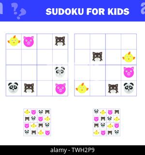 Sudoku für Kinder. Spiel für Kinder im Vorschulalter, Ausbildung Logik. Puzzle Spiel für Kinder und Kleinkinder. Das logische Denken. Tiere Stock Vektor