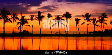 Reisen Banner. Beach Paradise Sunset mit tropischen Palmen. Sommer reisen urlaub Urlaub bunte Konzept Foto vom Meer Ozean Wasser auf Big Island, Hawaii, USA. Stockfoto