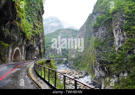 Tolle Aussicht auf Taroko Schlucht in Taroko Nationalpark, Taiwan. Taiwanesischen Landschaft. Steile Felsen am Ufer des Flusses, grünen Wald. Misty Nebel, regnerischen Wetter. Asiatische Art. Tolle Orte. Stockfoto