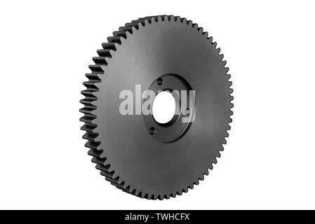 Kunststoff, schwarz Zahnrad mit 68 Kettenräder, auf einen weißen Hintergrund mit einen Freistellungspfad isoliert. Stockfoto
