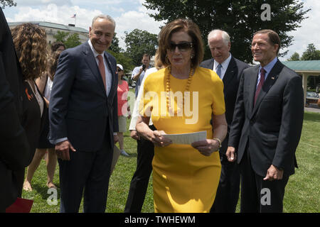 Juni 20, 2019 - Washington, District of Columbia, USA-Senat der Vereinigten Staaten Minderheit Leader Chuck Schumer (Demokrat von New York), Sprecher der Vereinigten Staaten des Repräsentantenhauses Nancy Pelosi (Demokrat aus Kalifornien), United States Vertreter Mike Thompson (Demokrat aus Kalifornien) und United States Senator Richard Blumenthal (Demokrat von Connecticut) kommen zu einer Kundgebung für die Universal Background Checks Bill auf dem Capitol Hill in Washington, DC, USA am 20. Juni 2019. Der Gesetzentwurf wurde im Haus führte, hat aber durch die Republikaner im Senat blockiert. (Bild: © stefani Reynol Stockfoto