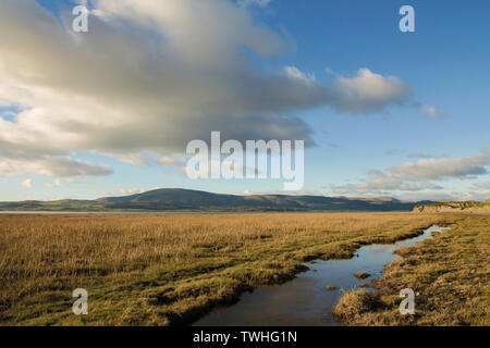 Blick von der Küste in der Nähe von Dunnerholme und Askam-In-Furness. Schwarz Combe und Millom gesehen in der Duddon Flussmündung auf der Cumbrian Küste. Stockfoto