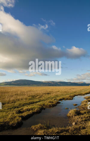 Blick von der Küste in der Nähe von Dunnerholme und Askam-In-Furness. Schwarz Combe und Millom gesehen in der Duddon Flussmündung auf der Cumbrian Küste. Stockfoto