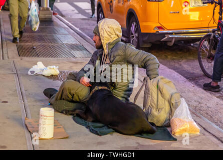 USA, New York. Mai 3, 2019. Obdachlosen und ein Hund sitzt auf dem Bürgersteig, Bitten um Hilfe, Manhattan Downtown Stockfoto