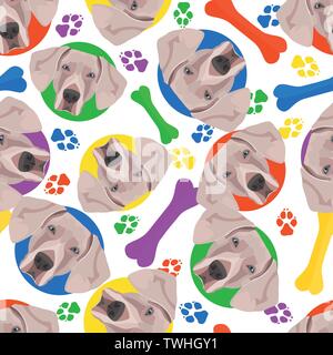 Farbenfrohes und lustiges Weimaraner - nahtlose Muster mit verspielten Abbildung eines Hundes. Der lächelnde Hund ist ein tolles Geschenk für Hundeliebhaber und Hundehalter. Stock Vektor