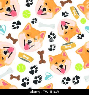 Smiling Dog Shiba Inu - nahtlose Muster mit verspielten Abbildung: Ein Hund und Pfotenabdrücke. Der lächelnde Hund ist ein tolles Geschenk für Hundebesitzer. Stock Vektor