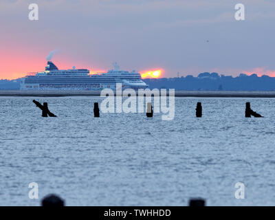 Sheerness, Kent, Großbritannien. Juni, 2019 20. UK Wetter: Kreuzfahrtschiff "Norwegian Pearl" die Sonne geht, wie es die Themse fährt wie von Sheerness in Kent gesehen. Credit: James Bell/Alamy leben Nachrichten Stockfoto