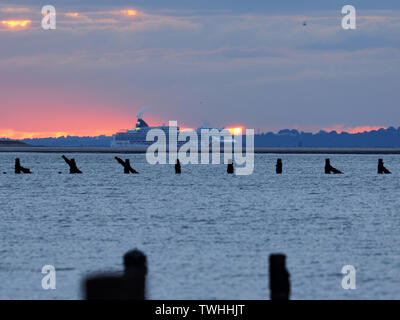 Sheerness, Kent, Großbritannien. Juni, 2019 20. UK Wetter: Kreuzfahrtschiff "Norwegian Pearl" die Sonne geht, wie es die Themse fährt wie von Sheerness in Kent gesehen. Credit: James Bell/Alamy leben Nachrichten Stockfoto