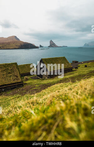 Gras - bedeckten malerischen Häusern an der Küste der Färöer im Dorf Bour mit Blick auf Dranganir und Tindholmur im Frühling (Färöer Inseln) Stockfoto