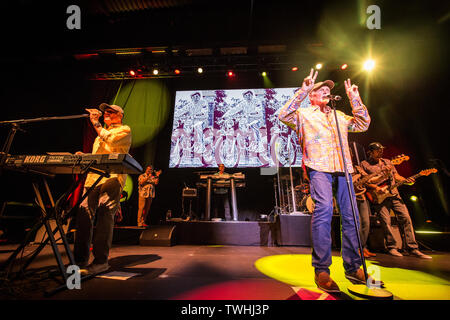 Roskilde, Dänemark. Juni, 2019 20. Roskilde, Dänemark - Juni 20., 2019. Die amerikanische surf rock und Vocal group die Beach Boys führt ein Live Konzert in Roskilde Kongrescenter in Roskilde. Hier Sänger, Songwriter und Musiker Mike Liebe wird gesehen, live auf der Bühne mit Bruce Johnston (L). (Foto: Gonzales Foto/Alamy leben Nachrichten Stockfoto