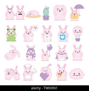 Bündel von Kaninchen kawaii Zeichen Stock Vektor