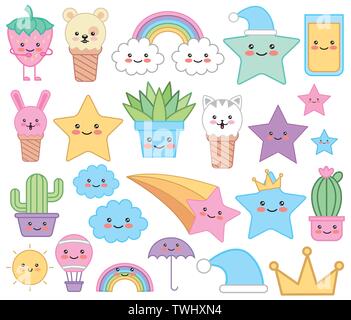 Bündel von emojis fairytale kawaii Zeichen Stock Vektor