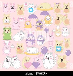 Bündel von Maus mit Katzen und Kaninchen kawaii Zeichen Stock Vektor