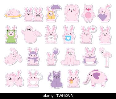Bündel von Kaninchen und Tiere kawaii Zeichen Stock Vektor
