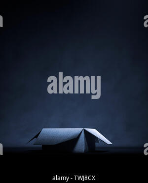 Ein offener Karton im Dunkeln, 3D-Rendering Stockfoto