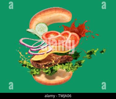 Lecker Hamburger mit inggreenients fliegen in der Luft auf grünem Hintergrund im 3D-Bild Stock Vektor