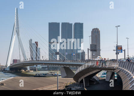 Rotterdam, Niederlande - 18 April 2019: die Skyline von Rotterdam mit Erasmus Brücke und die Neue Maas an einem klaren Tag Stockfoto