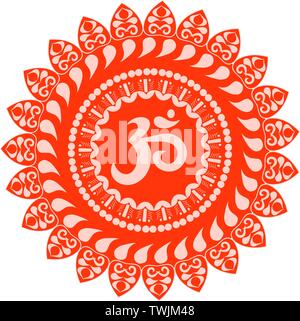 Bunte rote verzierten Mandala mit aum unterzeichnen. Mandalas mit OM-Zeichen Stock Vektor