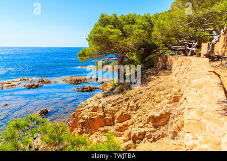 Wanderweg entlang der Seeküste von Cala Aigua nach Cala Marquesa, Costa Brava, Spanien Stockfoto