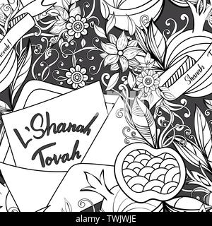 Rosch Haschanah das Jüdische Neue Jahr nahtlose Muster. Hand gezeichneten Elemente Äpfel, Granatäpfel Grußkarten und Blumen. Vector Illustration schwarzen Hintergrund. Stock Vektor