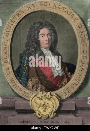 Retrato de Claude Le Blanc (1669-1728). Funcionario echten Francés del Antiguo régimen. Secretario de Estado para la Guerra. Grabado coloreado. Historia de Polibio. Francesa Edición del Griego traducida por Dom Vincent Thuillier. Comentarios o Cuerpos de Ciencia Militar enriquecidos con Notas críticas e histórica por M. de Folard. París, Chez Pierre Gandouin, Julien-Michel Gandouin, Pierre-François Giffart y Nicolas-Pierre Armand, 1727. Imprenta de Jean-Baptiste Lamesle. Tomo I. Stockfoto