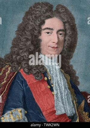 Retrato de Claude Le Blanc (1669-1728). Funcionario echten Francés del Antiguo régimen. Secretario de Estado para la Guerra. Grabado coloreado. Historia de Polibio. Tomo I. Edición del Griego francesa traducida por Dom Vincent Thuillier. Comentarios o Cuerpos de Ciencia Militar enriquecidos con Notas críticas e histórica por M. de Folard. París, Chez Pierre Gandouin, Julien-Michel Gandouin, Pierre-François Giffart y Nicolas-Pierre Armand, 1727. Imprenta de Jean-Baptiste Lamesle. Stockfoto