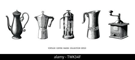 Vintage Kaffeemaschine Sammlung Hand zeichnen Schwarz und Weiß Clipart auf weißem Hintergrund Stock Vektor