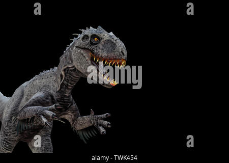 Indominus Rex auf schwarzem Hintergrund 3 isolierte d Abbildung Stockfoto