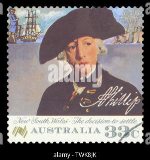 Australien - ca. 1986: eine stornierte Briefmarke aus Australien, die die Entscheidung in Australien niederzulassen, circa 1986. Stockfoto