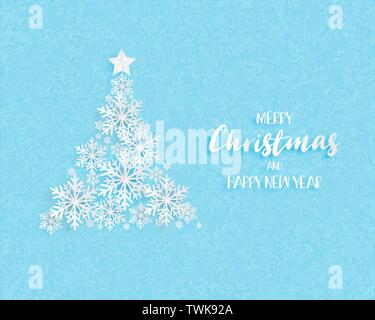 Weihnachtsbaum durch origami Schneeflocken auf blauem Hintergrund. Digitale Handwerk in Papier schneiden Stil. Vector Illustration. Stock Vektor