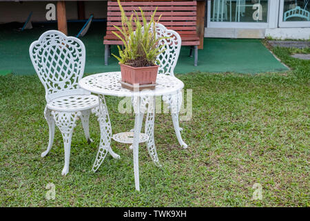 White vintage Tisch und Stühlen mit Farn Pflanze in Vase auf Rasen Hinterhof Stockfoto