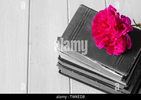 Rose Blume auf einem Haufen von alten, antiken Bücher. Auf einem weißen Holz Oberfläche. Durch selektive Farbkorrektur Stockfoto