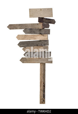 Holz- leer Wegweiser Pfeile auf weißem Hintergrund Stockfoto