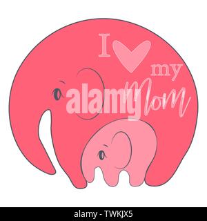 Cute funny Baby Elefant und Mutter. Grußkarte. Muttertag urlaub Konzept. Stock Vektor