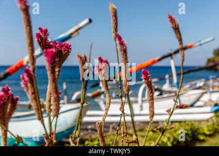 Traditionelle indonesische Outrigger Stil mit Fischerboot (Jukung) in Amed, Karangasem Regency, Bali, Indonesien, Stockfoto