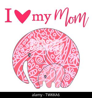 Cute funny Baby Elefant und Mutter. Grußkarte. Muttertag urlaub Konzept. Stock Vektor
