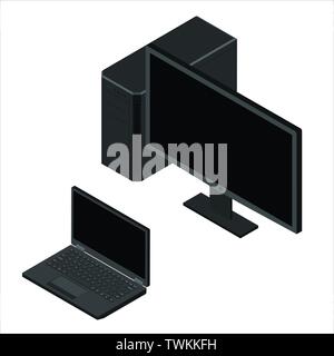Set Computer Monitor, Laptop und Pc isometrische Ansicht auf weißem Hintergrund. Stock Vektor