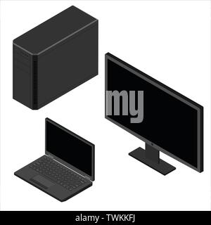 Set Computer Monitor, Laptop und Pc isometrische Ansicht auf weißem Hintergrund. Stock Vektor