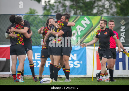 Zagreb, Kroatien - 16. Juni, 2019: Stjepan Spajic Stadion - Europameisterschaft in Rugby 7, mens Finale: Belgien vs Ukraine. Belgien Spieler celeb Stockfoto