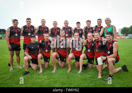 Zagreb, Kroatien - 16. Juni, 2019: Stjepan Spajic Stadion - Europameisterschaft in Rugby 7, mens Preisverleihung. Litauen hat den 3. Platz gewonnen. Stockfoto