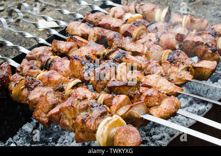 Marinierte schaschlik Vorbereitung auf einem Grill über Kohle. Saftig lecker gebratenes Schweinefleisch Grillen auf dem Grill. Shashlyk, aufgespießt Fleisch war Beschäftigungsprojekt Stockfoto